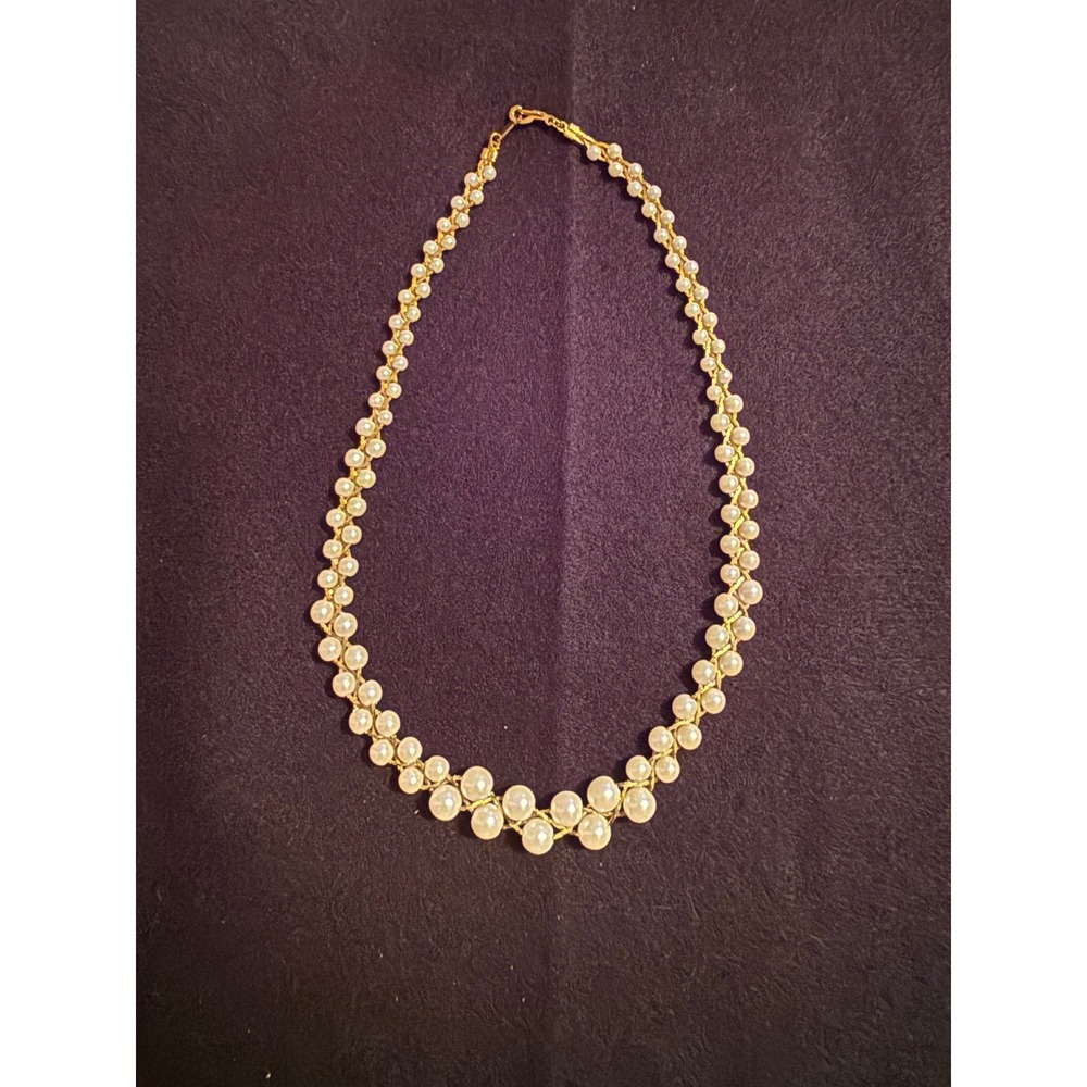 Vintage Faux Pearl Graduated Collar Necklace Gold Tone Braided Chain Bridal Bib - Picture 3 of 4